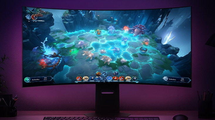 A curved LG UltraGear monitor displays a vibrant strategy game scene with glowing hexagonal tiles and fantasy creatures in battle, set against a purple-lit gaming desk.