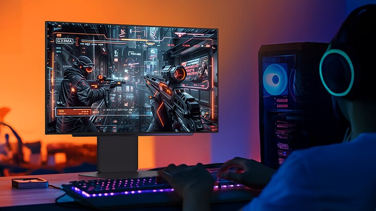 A gamer wearing headphones plays an FPS match on an LG UltraGear monitor, showing futuristic soldiers aiming in a neon-lit cyberpunk city, with a glowing RGB keyboard and gaming PC beside them.