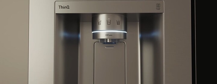 LG refrigerator water and ice dispenser with UVnano and ThinQ control panel representing smart fridge technology