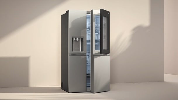 LG InstaView Door-in-Door refrigerator with sleek glass panel design allowing quick access to frequently used items