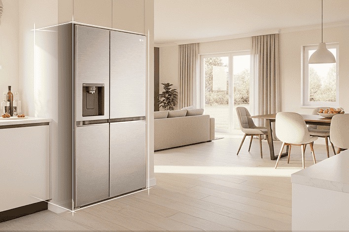 Bright beige-toned kitchen interior with a silver LG fridge freezer built into the left side. On the right, a dining table with flowers placed on top completes the scene.