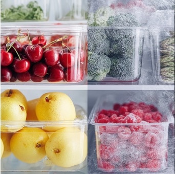 There are fruits in containers of LG's Tall Fridge Freezer. The left side shows fresh fruit without frost, while the right side fruit coverd with frost.