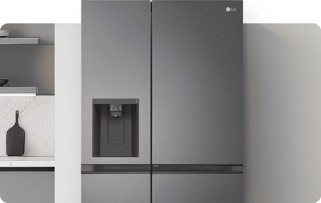 Close-up of an LG American-style fridge freezer in a dark graphite finish, seamlessly integrated into a contemporary kitchen with neutral tones, highlighting a sleek water and ice dispenser.
