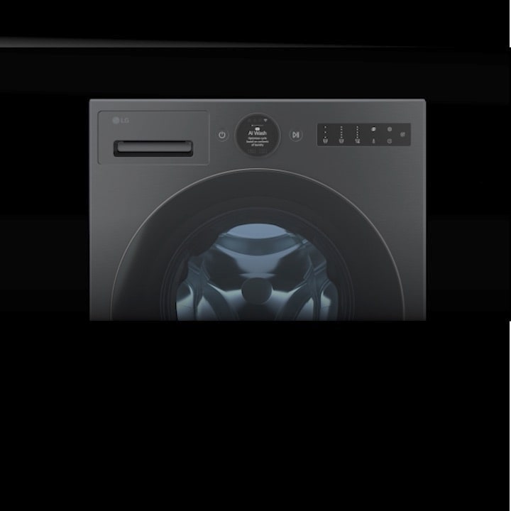 LG washing machine with interior exposed, showing motor and circular AI DD chip with moving purple lines. The panel closes, revealing the full washer.