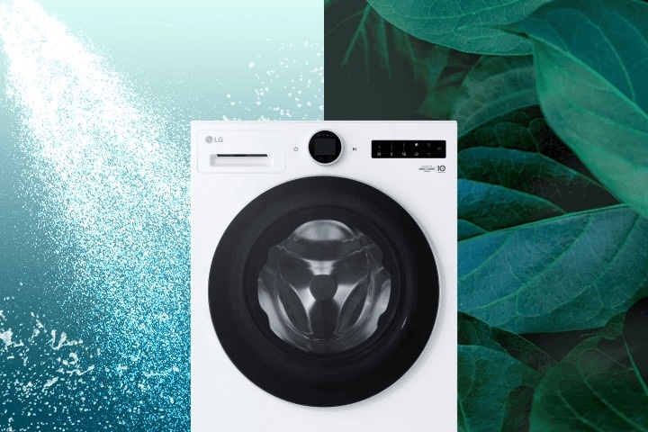 Front view of an LG washing machine with “39” displayed on the panel. Powerful water jets spray from four directions, with green leaves shown on the right side.
