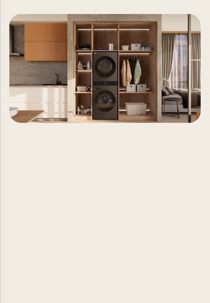 LG WashTower starts as separate washer and dryer units side by side, then stacks vertically to free up space on the right for extra clothing storage.