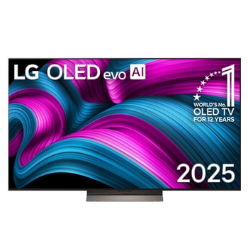 Frontansicht des LG OLED evo AI C5 4K Smart TV. Ein "12 Years of world number 1 OLED"-Emblem und das "LG OLED AI 2025"-Logo sind auf dem Bildschirm zu sehen.
