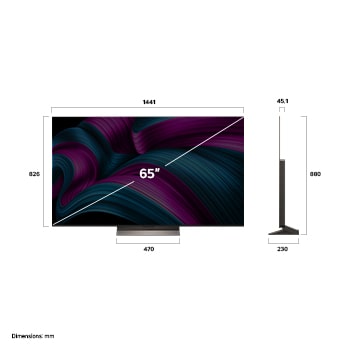 Frontansicht und Seitenansicht des LG OLED evo AI C5 4K Smart TV mit den Abmessungen der Länge, Breite, Höhe und Tiefe.