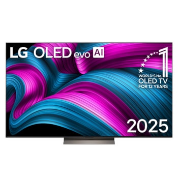 Frontansicht des LG OLED evo AI C5 4K Smart TV. Ein "12 Years of world number 1 OLED"-Emblem und das "LG OLED AI 2025"-Logo sind auf dem Bildschirm zu sehen.