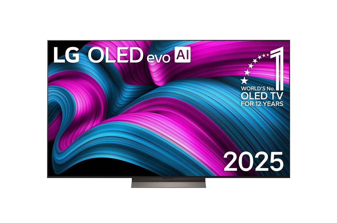 Frontansicht des LG OLED evo AI C5 4K Smart TV. Ein "12 Years of world number 1 OLED"-Emblem und das "LG OLED AI 2025"-Logo sind auf dem Bildschirm zu sehen.