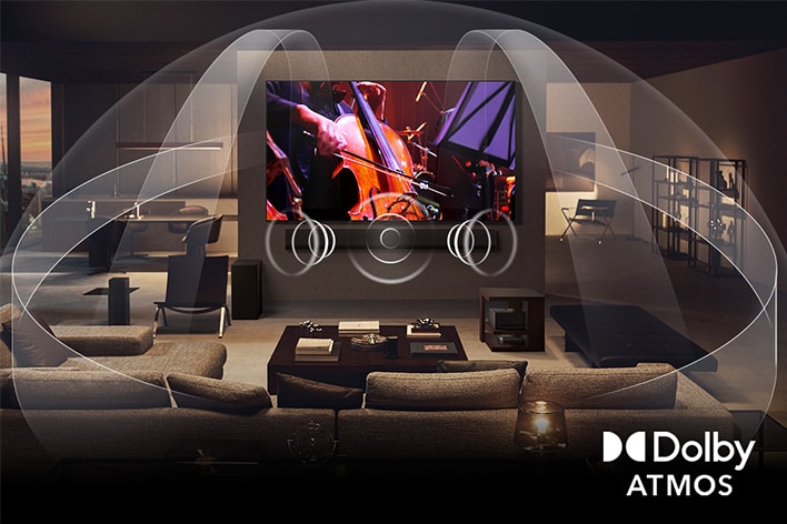 Gemütliches Wohnzimmer mit einem OLED LG TV mit LG Soundbar. Der Bildschirm zeigt die Nahaufnahme einer E-Gitarre, auf der gespielt wird. Grafiken zeigen, wie Dolby Atmos den gesamten Raum mit Klang aus allen Richtungen füllt. Das Dolby Atmos-Logo befindet sich in der unteren Ecke.