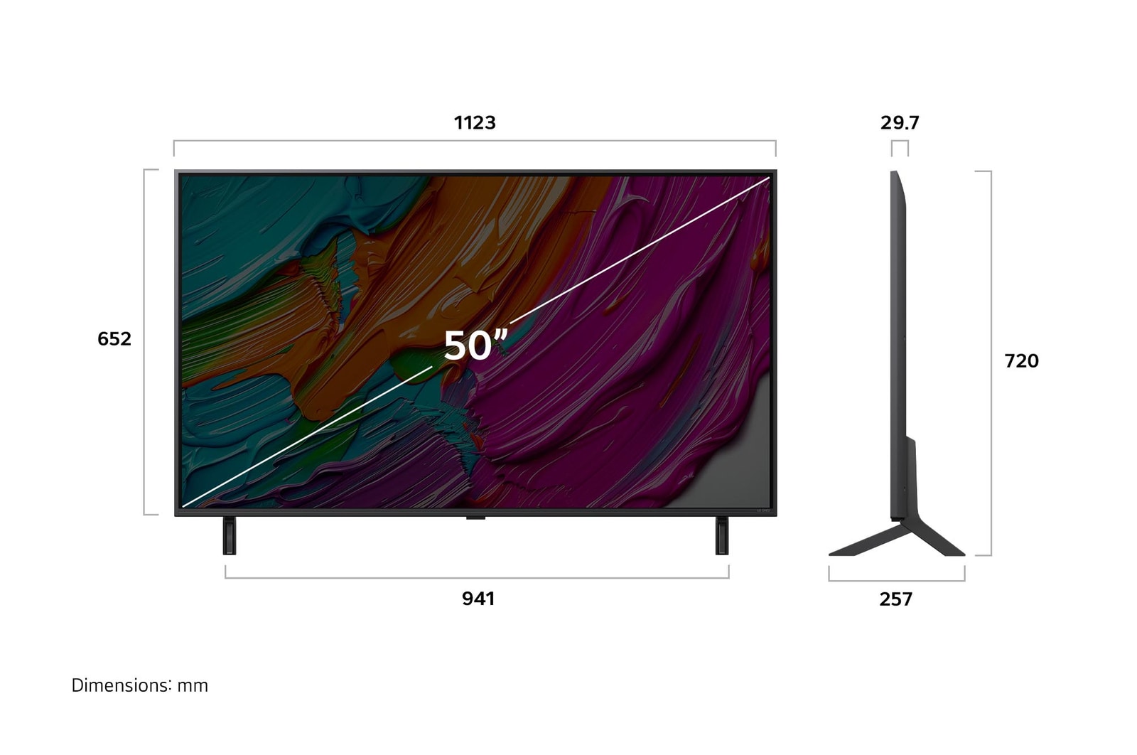 Frontansicht und Seitenansicht des LG QNED AI QNED80 4K Smart TV mit den Abmessungen Länge, Breite, Höhe und Tiefe.