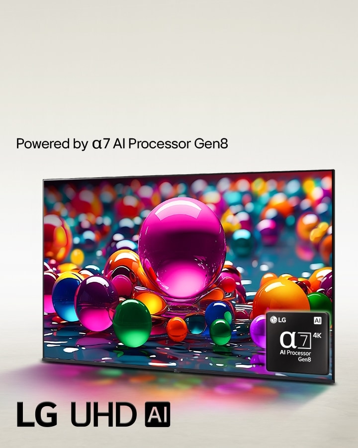 Der LG UHD TV ist leicht nach links geneigt und zeigt bunte Murmeln in verschiedenen Farben von Rosa, Blau und Lila. Das Logo des alpha 7 4K KI-Prozessors ist in der unteren rechten Ecke des Fernsehers eingebettet. Das Logo von LG UHD AI befindet sich in der unteren linken Ecke. Man kann auch folgenden Text lesen: „Angetrieben durch den LG alpha KI-Prozessor“.