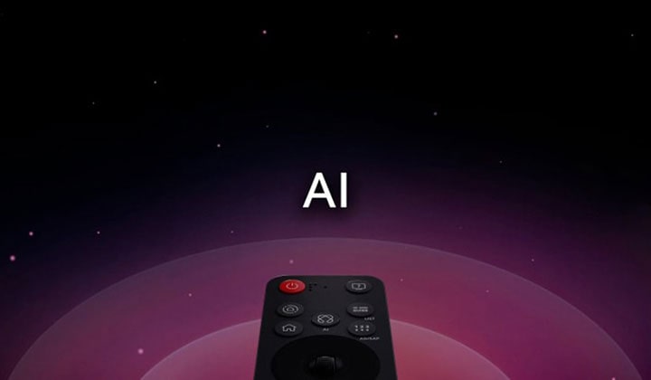 LG AI Magic Remote vor einem abstrakten Hintergrund. Die KI-Taste ist hervorgehoben. Es gibt eine grafische UI-Darstellung mit Symbolen, die zeigt, wie die KI-Taste den Zugang zu verschiedenen KI-Funktionen ermöglicht. Zu den Services gehören AI Voice ID, AI Search, AI Chatbot, AI Concierge, AI Picture Wizard und AI Sound Wizard. Die mausähnliche Funktionalität wird präsentiert, indem der Cursor über einer Schnittstelle angezeigt wird und verdeutlicht, wie die Fernbedienung die Steuerung vereinfacht.