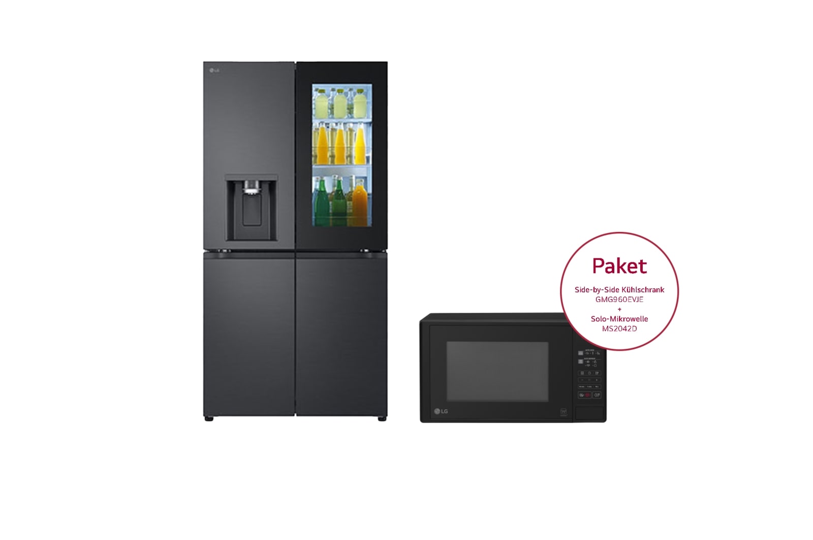 LG Multi Door mit InstaView® | Eis-, Crushed Ice- und Wasserspender | 638 Liter Kapazität | ​Energieeffizienzklasse ​E​ | Festwasseranschluss | GMG960EVJE & Solo-Mikrowelle mit Smart Inverter Technologie | EasyClean | 20 Litern Kapazität | Leistung: 700 Watt | MS2042D, GMG960EVJE.MS2042D