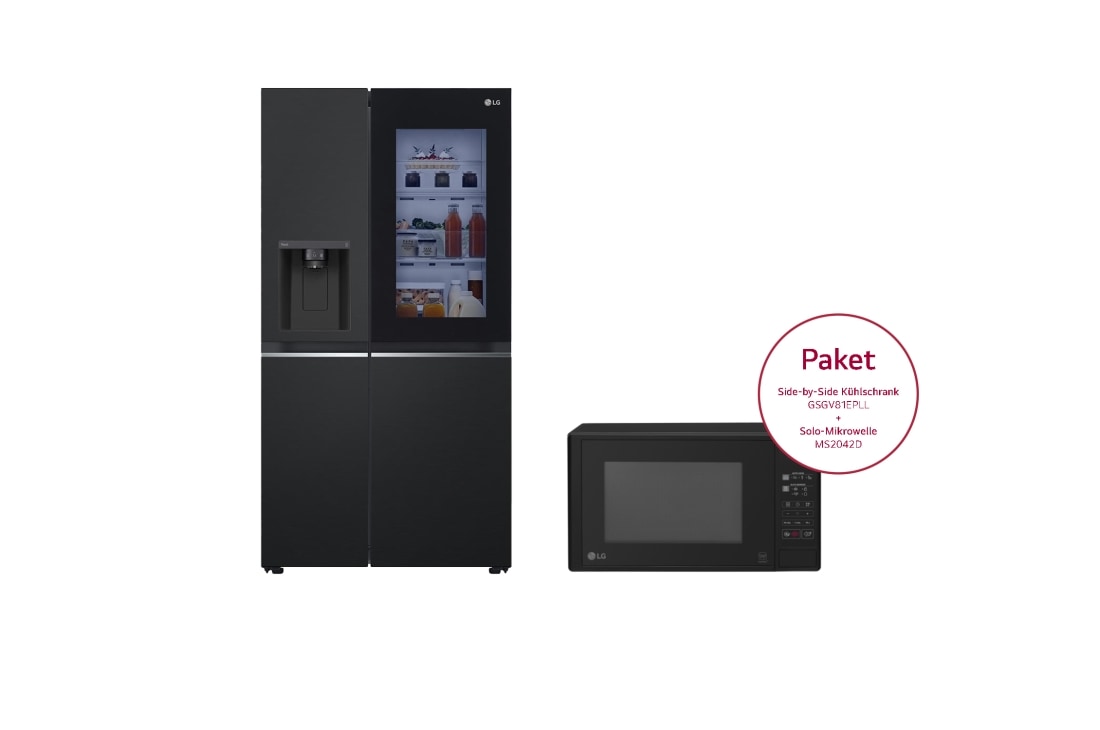 LG Side-by-Side mit InstaView | Eis-, Crushed Ice- und Wasserspender |  635 Liter Kapazität | EEK E | Interner Wassertank 4L | Matte Black | GSGV81EPLL & Solo-Mikrowelle mit Smart Inverter Technologie | EasyClean | 20 Litern Kapazität | Leistung: 700 Watt | MS2042D, GSGV81EPLL.MS2042D