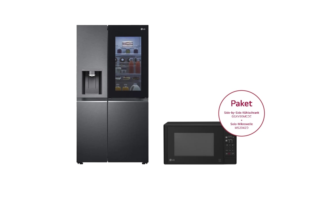 LG Side-by-Side mit InstaView Door-in-Door® | 635 Liter Kapazität | Festwasseranschluss | Matte Black Steel | LG GSXV90MCDE & Solo-Mikrowelle | EasyClean | 20 Liter Kapazität | Leistung: 700 Watt | MS2042D, GSXV90MCDE.MS2042D