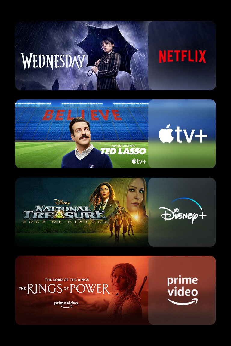 Vier Bildblöcke, jeweils mit dem Logo einer Streaming-Plattform und Ausschnitten Netflix-Logo mit Vorschaubild von „Wednesday“, Apple TV+-Logo mit Vorschaubild von „Ted Lasso“, Disney+-Logo mit Vorschaubild von „Das Vermächtnis von Montezuma“, Prime-Video-Logo mit Vorschaubild von „Der Herr der Ringe: Die Ringe der Macht“.