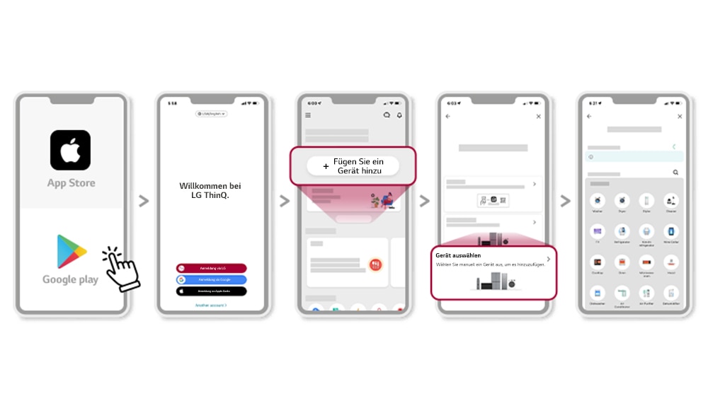 Die Installation der LG-ThinQ-App wird auf sechs Smartphone-Bildschirmen Schritt für Schritt erklärt.