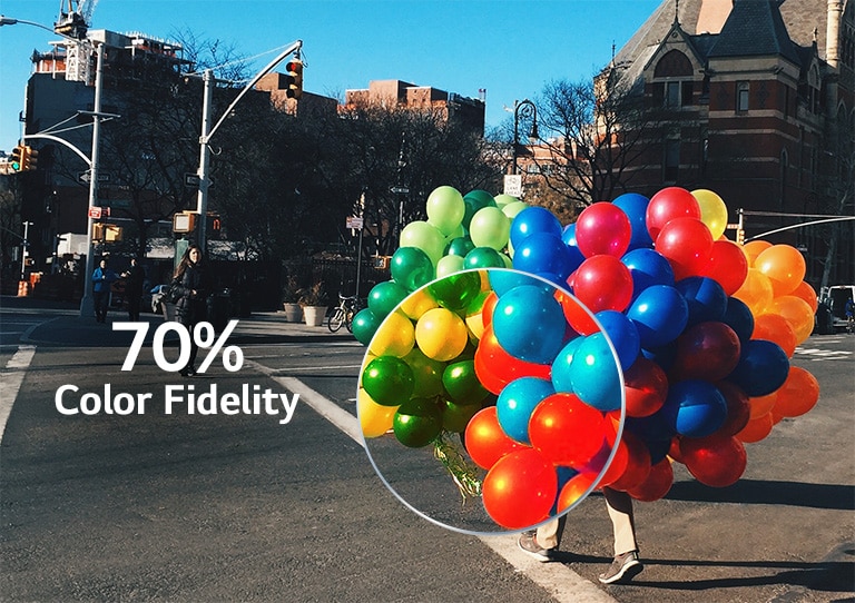 Ein Teil eines Straußes bunter Luftballons, die ein Mann beim Überqueren des Zebrastreifens in der Hand hält, wird vergrößert, um die Auswirkungen der Farbtreue zu demonstrieren. (Video abspielen)