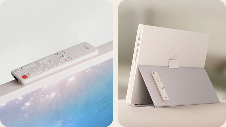Zwei Aufnahmen des StanbyME 2. Eine zeigt die magnetische Fernbedienung, die oben am Gerät angebracht ist. Eine weitere zeigt die magnetische Fernbedienung, die an der Rückseite des Geräts angebracht ist.