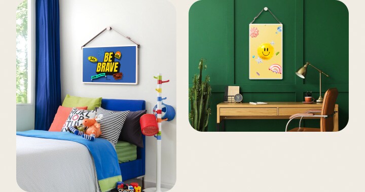 Verschiedene Wohnräume mit LG StanbyME 2-Bildschirmen an der Wand. Ein Kunstposter-Inhalt ist auf den Bildschirmen zu sehen.