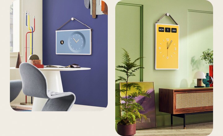 Verschiedene Wohnräume mit LG StanbyME 2-Bildschirmen. Auf den Bildschirmen werden Uhren und Kalender mit verschiedenen Themen angezeigt.