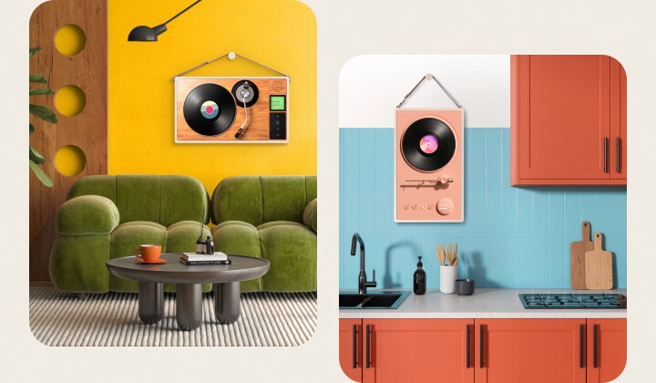 Verschiedene Wohnräume mit LG StanbyME 2-Bildschirmen an der Wand. Auf jedem Bildschirm wird ein Artwork eines Plattenspielers angezeigt.