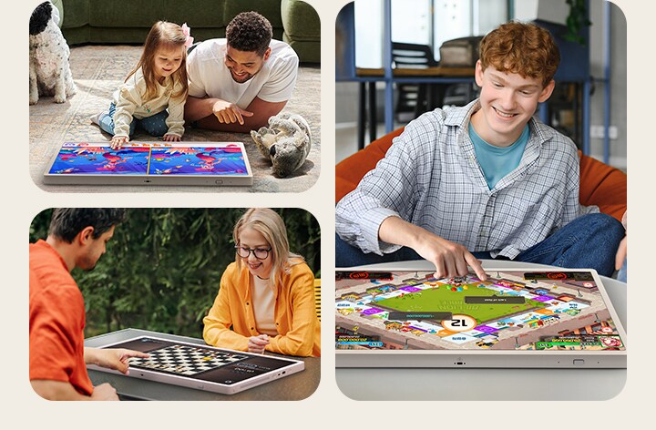 Drei Bilder mit dem StanbyME 2, der in einem modernen Wohnzimmer von drei verschiedenen Personengruppen für verschiedene Brettspiele verwendet wird.