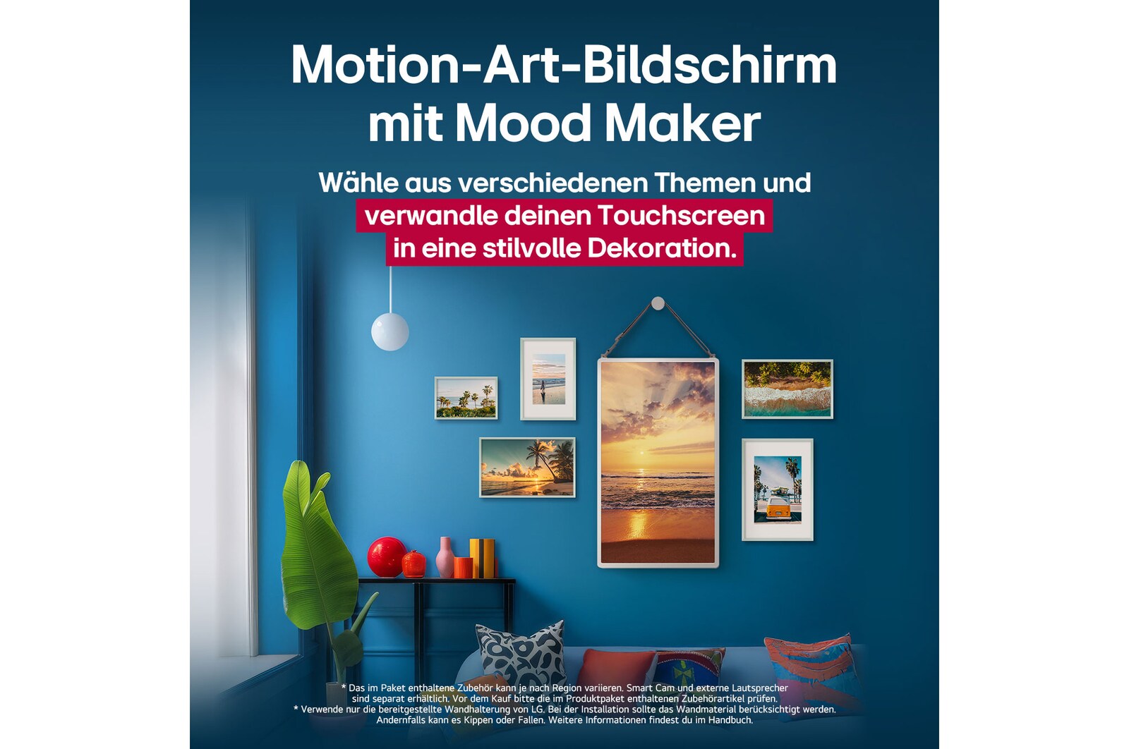 Der LG StanbyME 2 hängt an der Wand und präsentiert den Motion Art Screen. Mood Maker wird verwendet. Ein Artwork zeigt, wie er als stylische Ergänzung zu jedem Raum verwendet werden kann. 