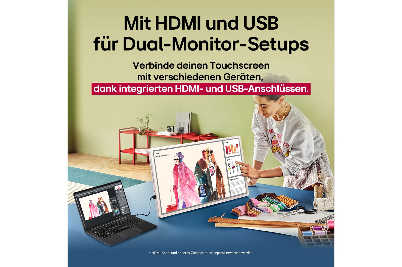 LG StanbyME 2. Eine Hand, die mit dem Touchscreen interagiert, zeigt die Benutzerfreundlichkeit. Der Text handelt davon, dass du deinen Bildschirm problemlos mit anderen Geräten verbinden kannst. 