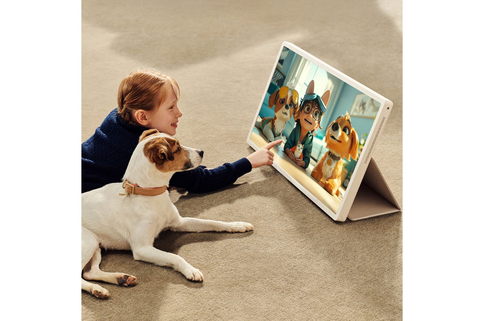 Ein Mädchen mit seinem Welpen sieht sich eine Show auf dem LG StanbyME 2 an. Das Folio Cover wird verwendet und der Bildschirm wird wie ein Tablet gestützt. 