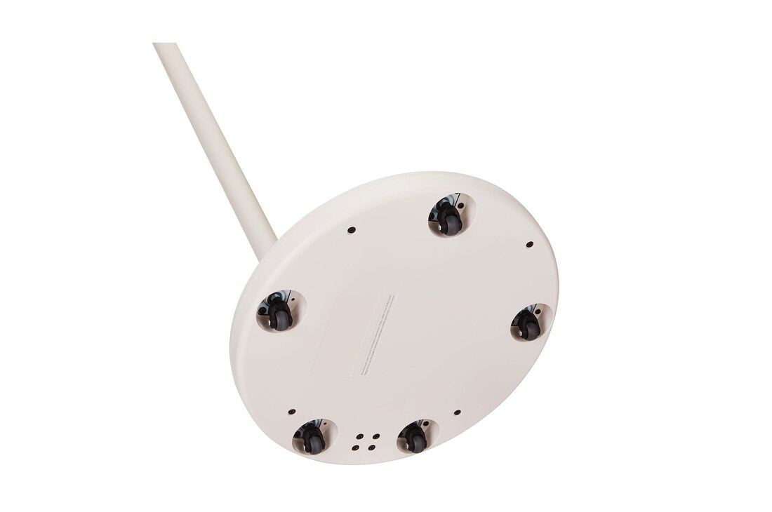 Ansicht des LG StanbyME 2-Standfußes von unten. Die Räder unter dem Standfuß sind sichtbar. 