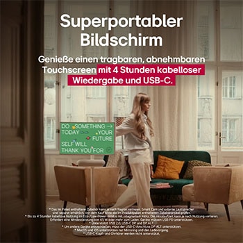 Eine Person rollt den LG StanbyME 2 mit dem Standfuß. Der Text erklärt, dass der superportable Bildschirm 4 Stunden kabellose Wiedergabe und USB-C bietet.