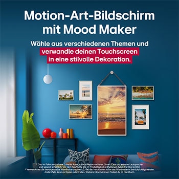 Der LG StanbyME 2 hängt an der Wand und präsentiert den Motion Art Screen. Mood Maker wird verwendet. Ein Artwork zeigt, wie er als stylische Ergänzung zu jedem Raum verwendet werden kann.