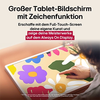 Der LG StanbyME 2 steht auf einem Tisch. Let's Draw wird verwendet. Eine Person erstellt Kunstwerke nur mit Finger und Touchscreen. Der Text erläutert, wie du deinen Bildschirm als digitale Leinwand verwenden und Kunstwerke über das Always On Display anzeigen kannst.
