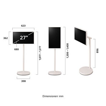 Länge, Breite, Höhe und Tiefe des LG StanbyME 2 und des Standfußes.