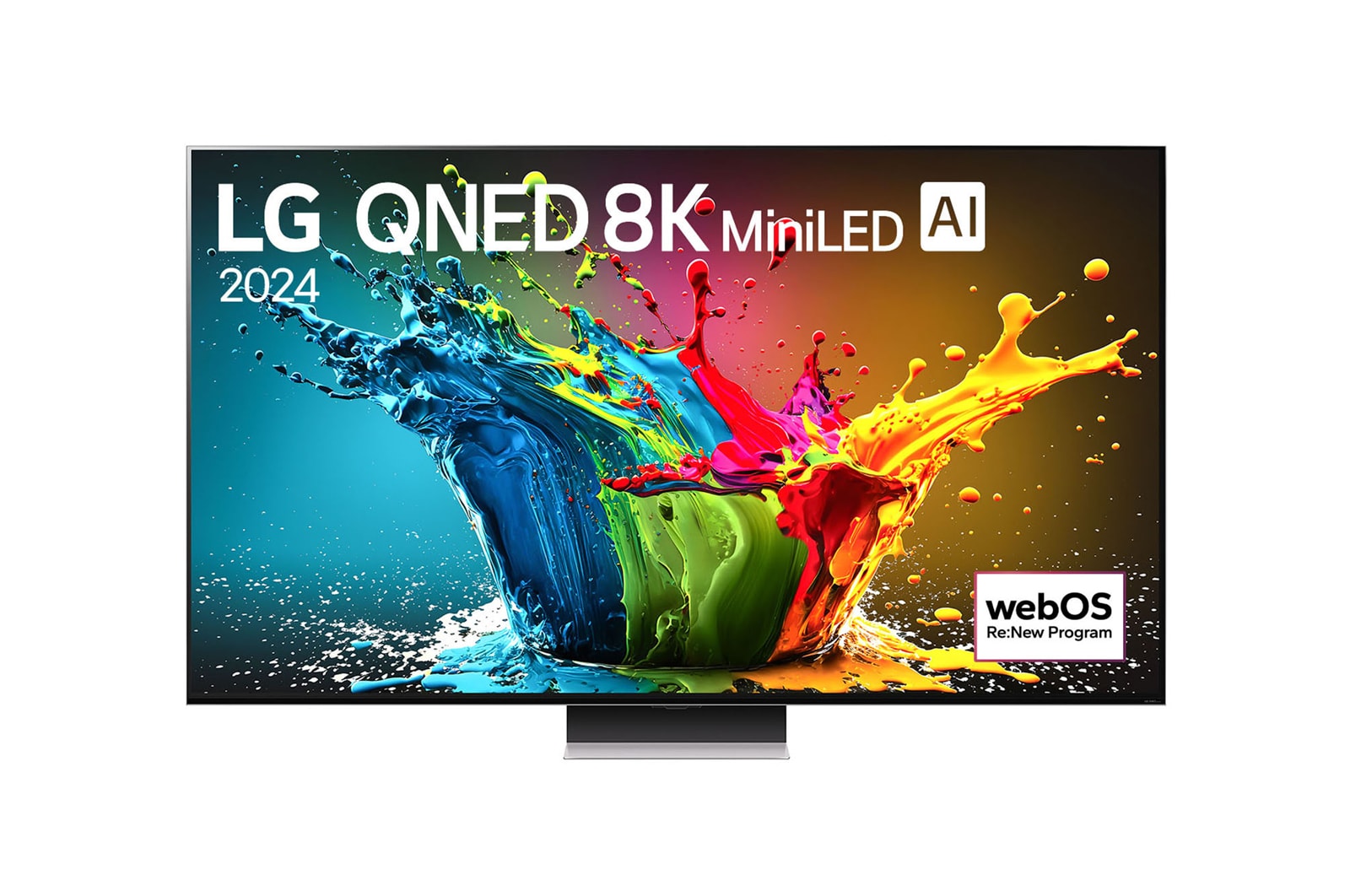 Ansicht der Vorderseite des LG QNED TV, QNED91 mit Text LG QNED MiniLED und 2024 auf dem Bildschirm