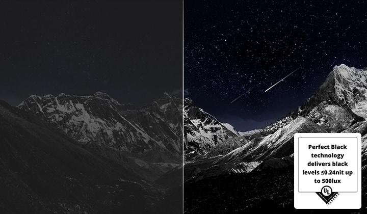 Bergkette mit dunklem Abendhimmel voller Sterne. Das Bild ist in zwei Hälften geteilt, wobei die eine Seite ein matteres, graueres Bild zeigt, während die andere Seite ein angenehmeres Bild mit einem größeren Dynamikbereich von Schwarz und Weiß zeigt. Die Perfect Black Technology liefert Schwarzwerte kleiner oder gleich 0,24 nit bei bis zu 500 Lux. 