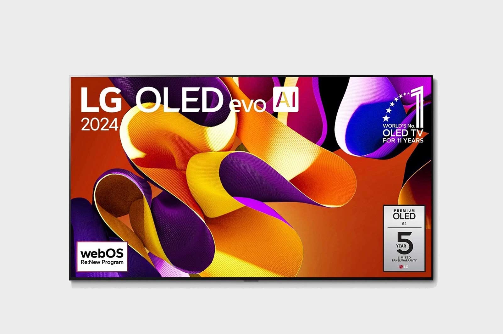 Ansicht der Vorderseite des LG OLED evo AI TV, OLED G4. Auf dem Bildschirm befinden sich das OLED-Gütesiegel „Seit 11 Jahren weltweit die Nummer 1“ bei OLED-Gütesiegel, das Logo des „webOS Re:New Prog