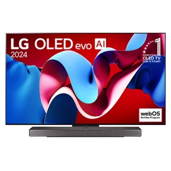 Ansicht der Vorderseite des LG OLED evo AI TV, OLED C4. Auf dem Bildschirm befinden sich das OLED-Gütesiegel „Seit 11 Jahren weltweit die Nummer 1“ und das „webOS Re:New“-Logo sowie die Soundbar darun