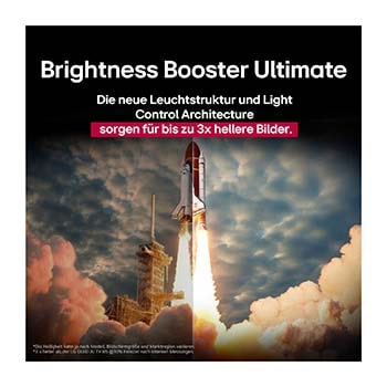 Ein Space Shuttle, die vom Boden aus startet. Die Szene ist in der Mitte geteilt, wobei die eine Hälfte etwas dunkler und düsterer ist. Die andere Hälfte zeigt, dass die Raketenexplosion bemerkenswert hell ist und demonstriert, wie hell Bilder auf einem LG OLED-Fernsehbildschirm mit der Light Control Architecture und dem Brightness Booster Ultimate sein können.