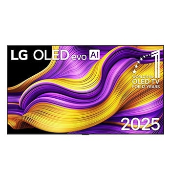 Frontansicht des LG OLED evo AI G5 4K Smart TV. Ein "12 Years of world number 1 OLED"-Emblem und das "LG OLED AI 2025"-Logo sind auf dem Bildschirm zu sehen.