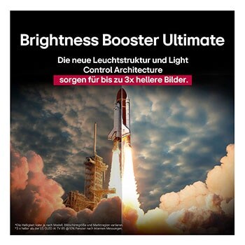 Ein Space Shuttle, die vom Boden aus startet. Die Szene ist in der Mitte geteilt, wobei die eine Hälfte etwas dunkler und düsterer ist. Die andere Hälfte zeigt, dass die Raketenexplosion bemerkenswert hell ist und demonstriert, wie hell Bilder auf einem LG OLED-Fernsehbildschirm mit der Light Control Architecture und dem Brightness Booster Ultimate sein können.