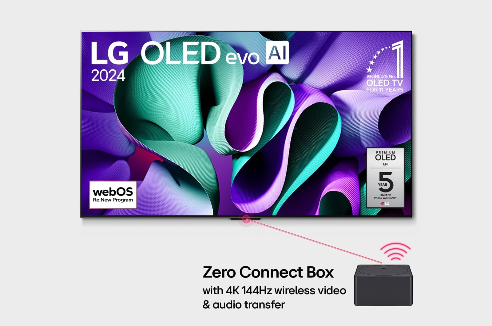 Vaizdas iš priekio su LG OLED evo TV, OLED M4, 11 metų pirmosios vietos pasaulyje OLED emblema, webOS Re:New programos logotipu, 5-Year Panel Warranty logotipu ekrane ir prie televizoriaus prijungta Z