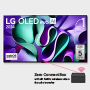 Vaizdas iš priekio su LG OLED evo TV, OLED M4, 11 metų pirmosios vietos pasaulyje OLED emblema, webOS Re:New programos logotipu, 5-Year Panel Warranty logotipu ekrane ir prie televizoriaus prijungta Z