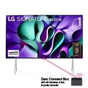 Vorderansicht mit LG OLED M4 auf dem Standfuß und Zero Connect Box darunter, 11 Jahre weltweit Nummer 1 OLED-Emblem, Logo des webOS Re:New-Programms und das Logo der 5-Jahres-Garantie auf dem Bildschi
