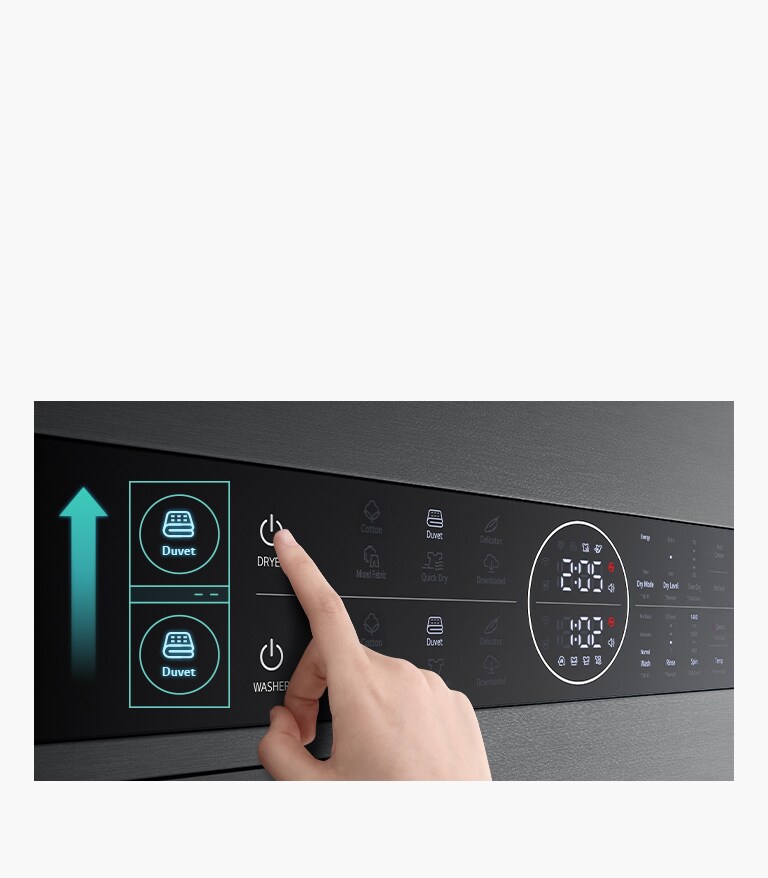 Dies ist ein Bild des Produkt-Panels. Die Bettdecken-Schaltflächen des Trockners und der Waschmaschine sind hervorgehoben.