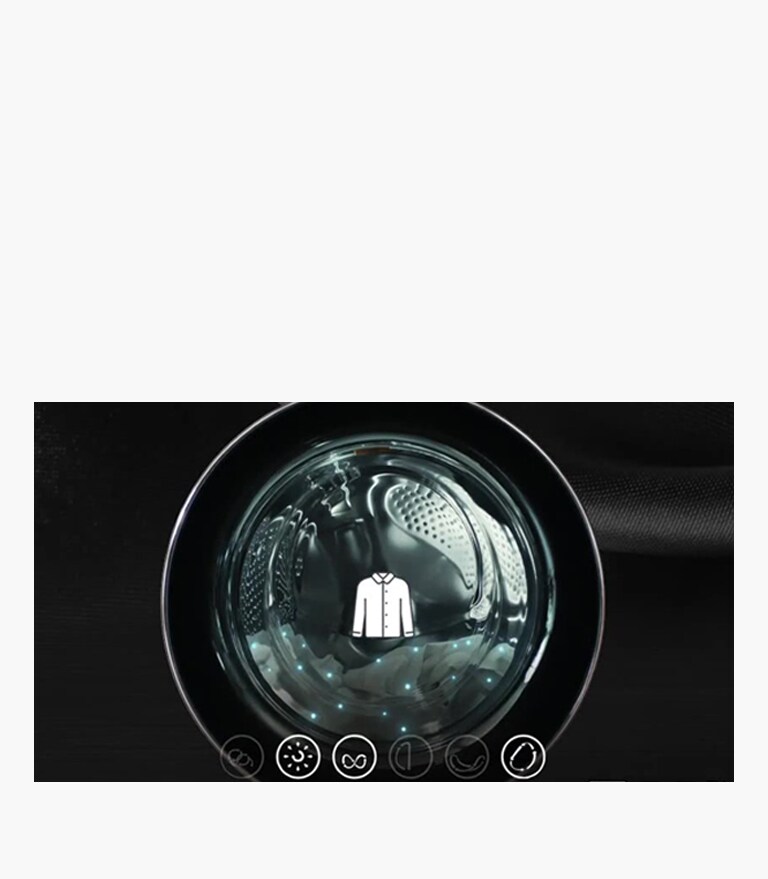 Es ist eine Waschmaschinentür vorhanden. Hinter der Tür befindet sich eine Waschküche und darüber ein Symbol für Hemden.