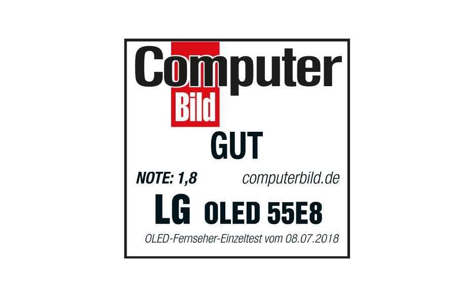 Computer Bild Auszeichnung des LG OLED 55 E8 TVS mit der Note Gut und einem Durschnitt von 1,8 auf weißem Hintergrund